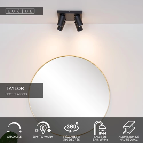 Lucide TAYLOR - Spot plafond Salle de bains - LED Dim to warm - GU10 - 4x5W 2200K/3000K - IP44 - Noir - USP